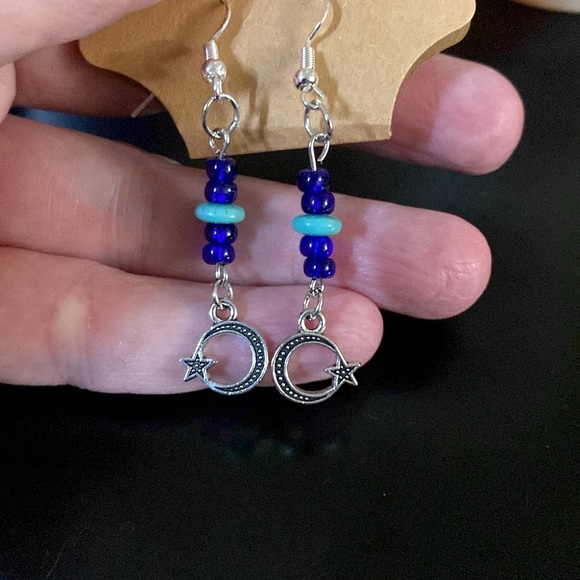 *SOLD* Custom Moon & Stars Blue Two-Toned Sterling 925 Hook Earrings - Picture 2 of 2